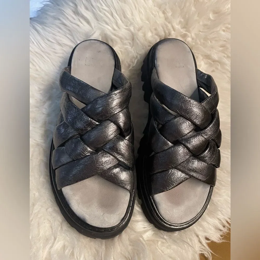 Fru.it Leather Slide Sandals Pewter Metallic Made in Italy 9.5